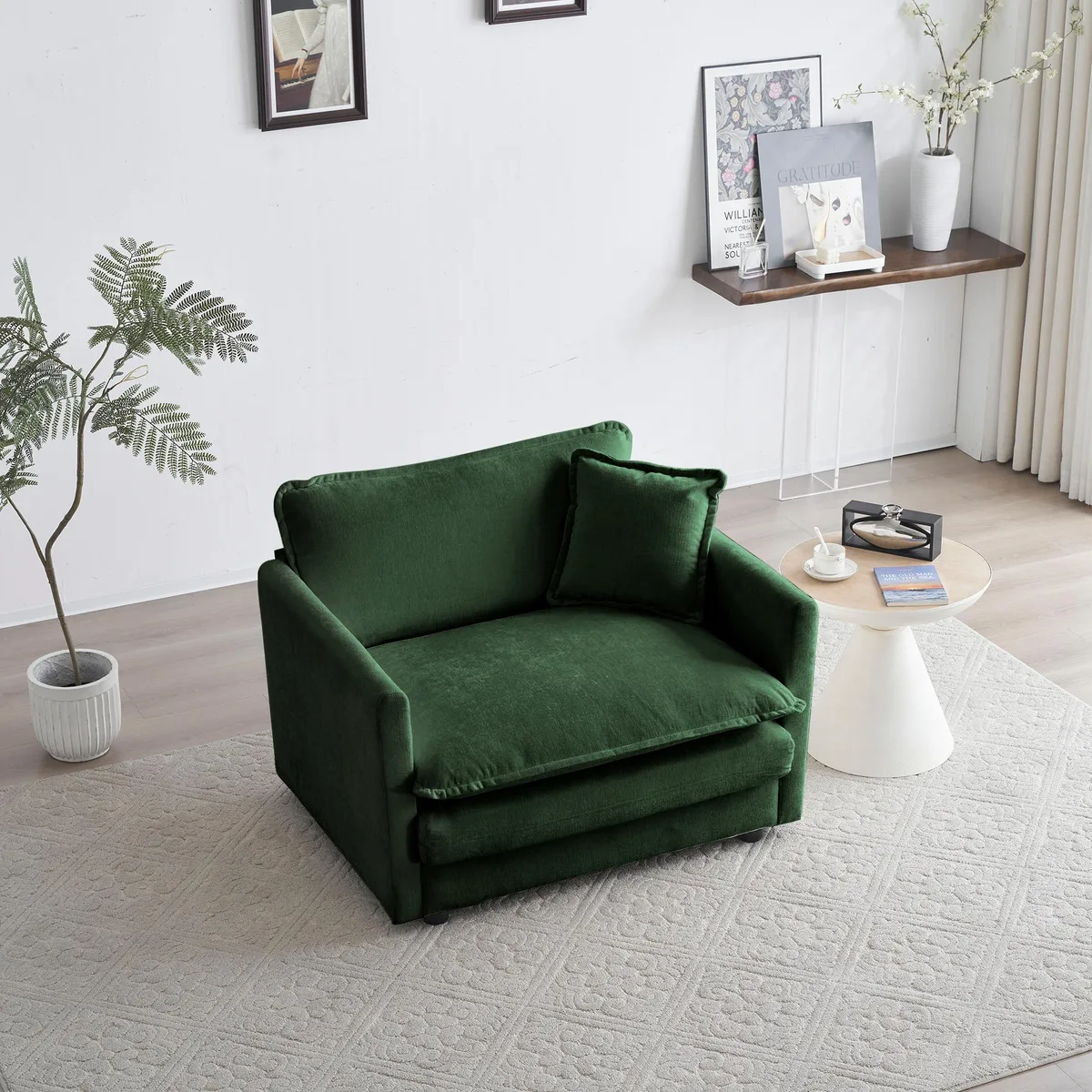 Green chenille single seat sofa with one toss pillow