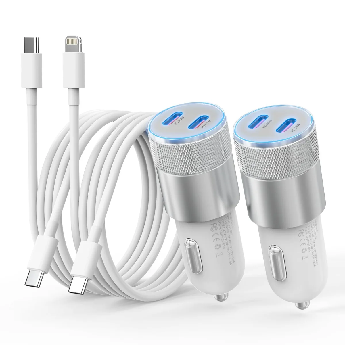 No Sew No Sew 60W Dual USB-C Car Charger with Type-C &amp; Lightning Cables — product photo