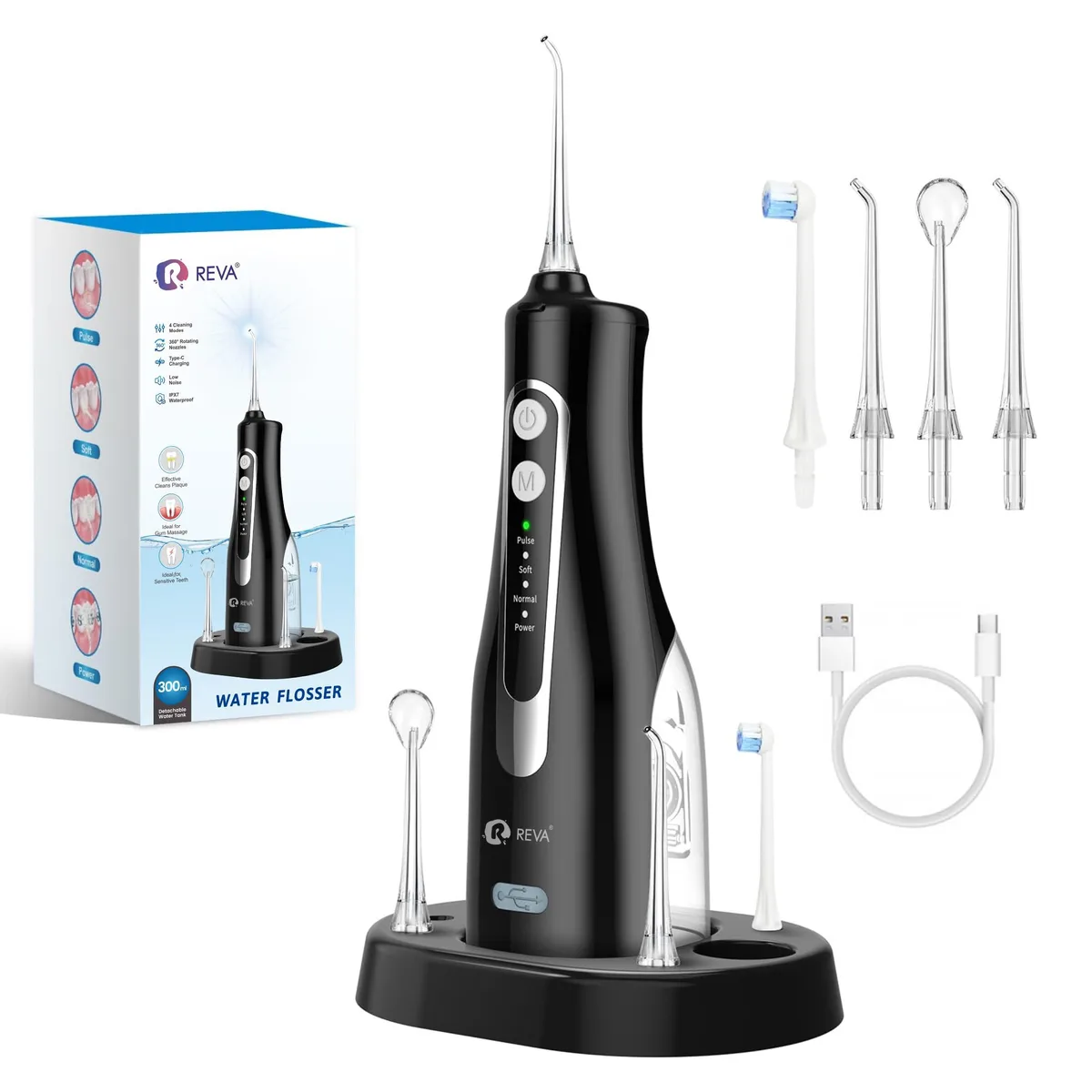 Black cordless water flosser with 300ml tank and rotatable nozzle