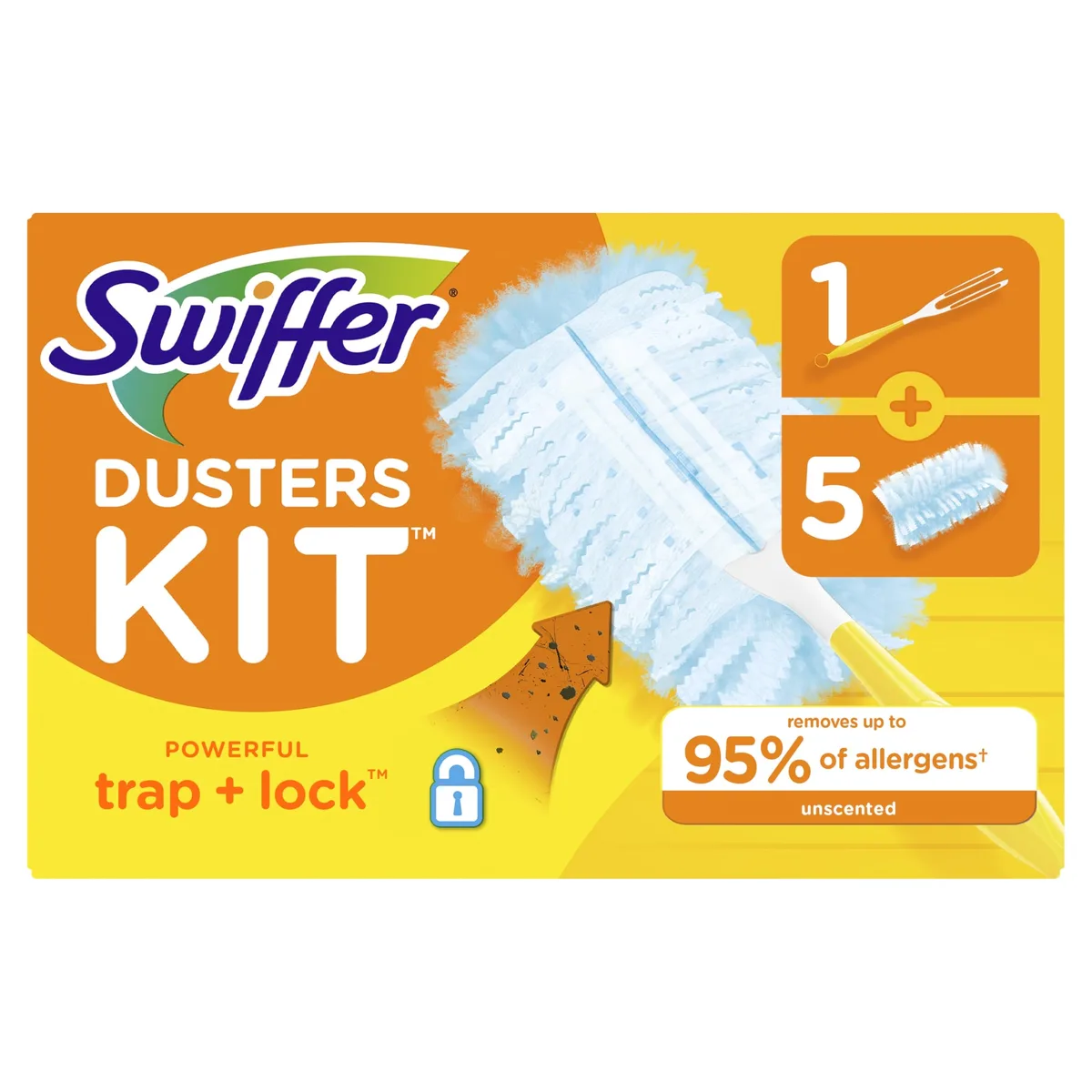 Yellow Swiffer duster kit with plastic handle and five fluffy refills