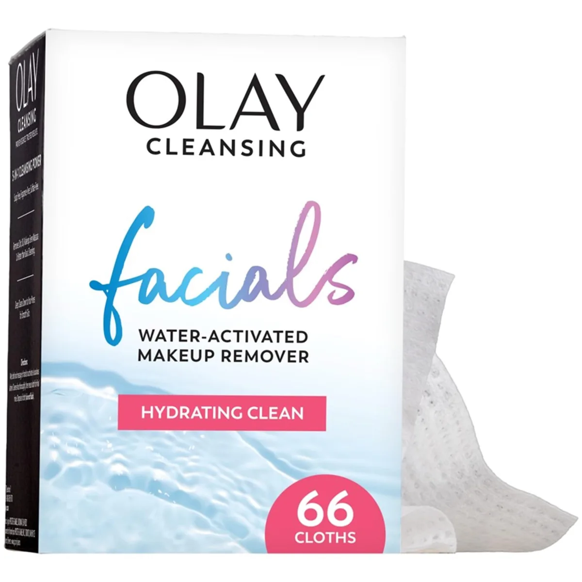 Rectangular pink pack containing 66 hydrating facial wipes