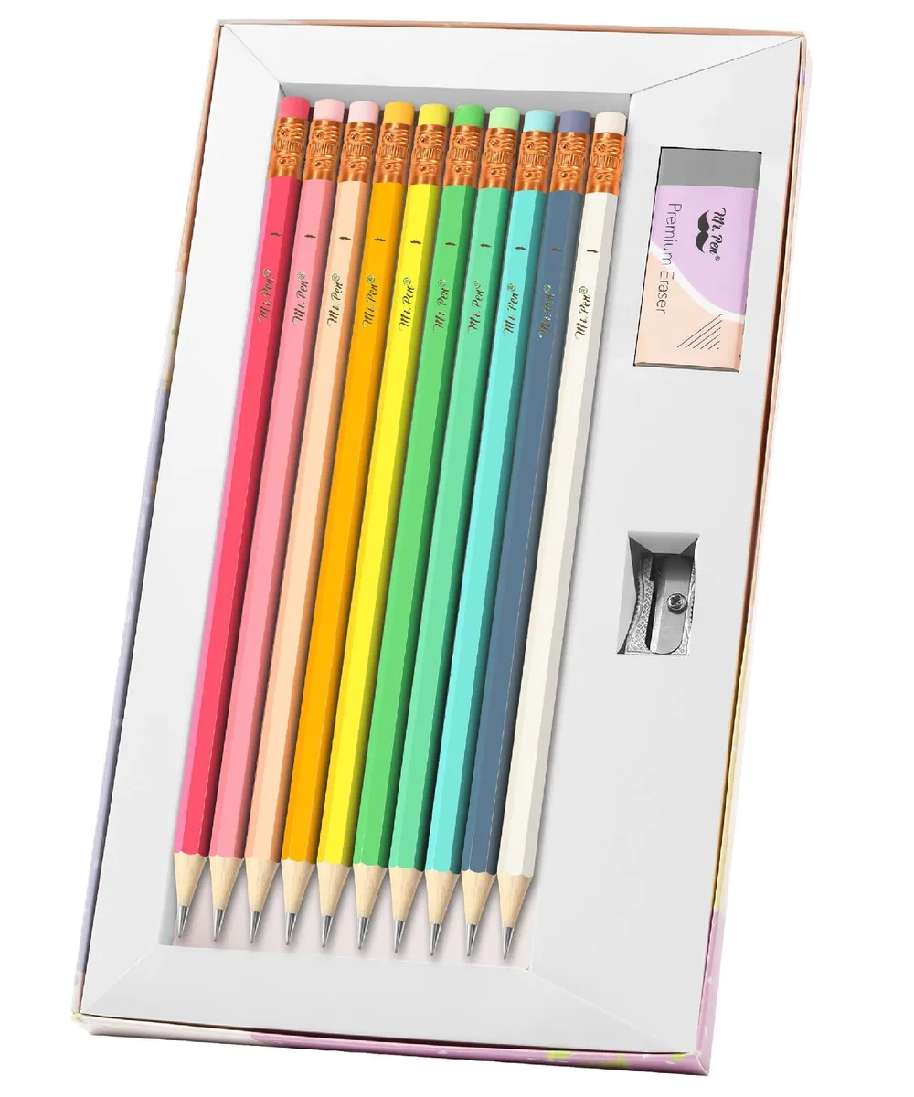 Ten vibrant wooden HB pencils with black lead, eraser and metal sharpener