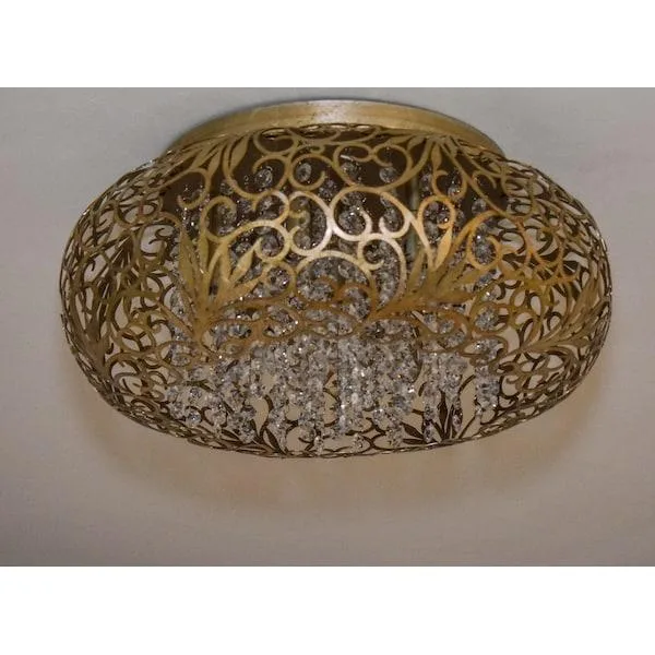 Golden Silver flush mount with metal Arabesque patterns and crystal bead strands, 18 inches wide