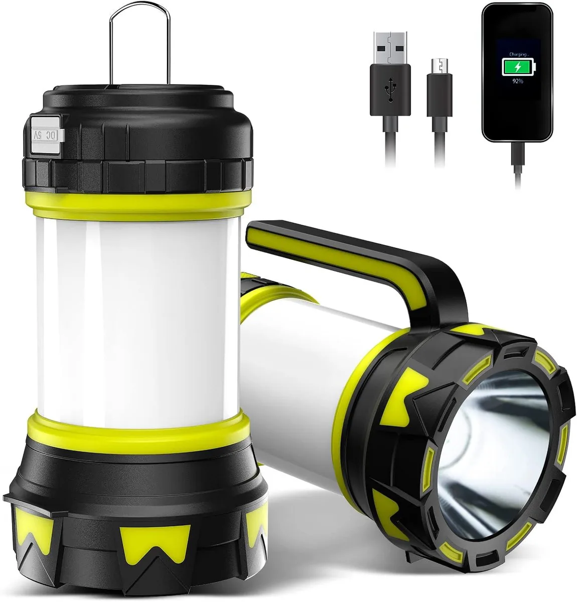 Cylindrical camping lantern with front searchlight, side handle, top hanging ring, and USB ports