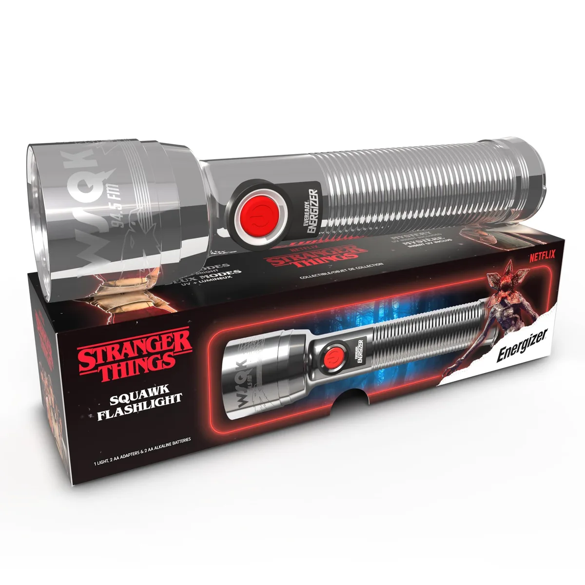 Retro 1980s style aluminium flashlight with ribbed body, UV and bright modes