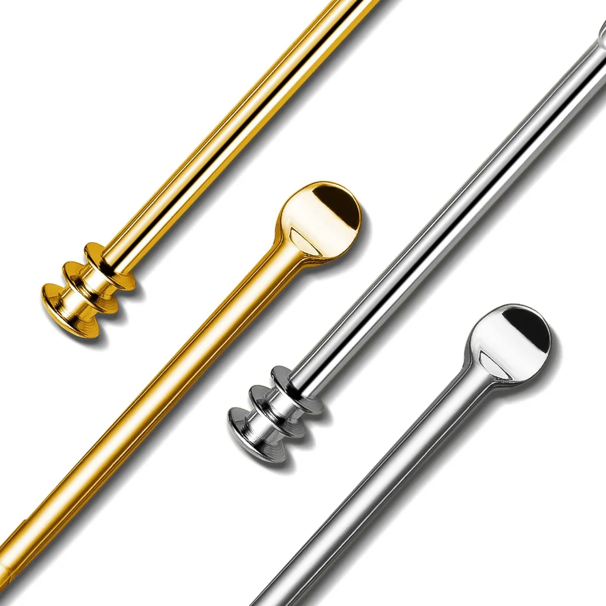 Two stainless steel ear picks with spiral and spoon ends, diamond-pattern handles