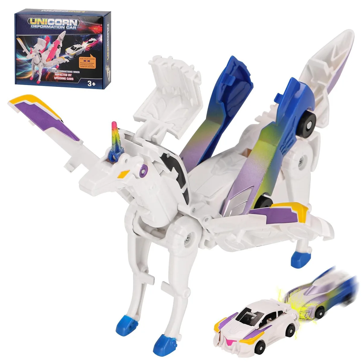 Transformable plastic car-to-unicorn robot toy with magnetic collision activation