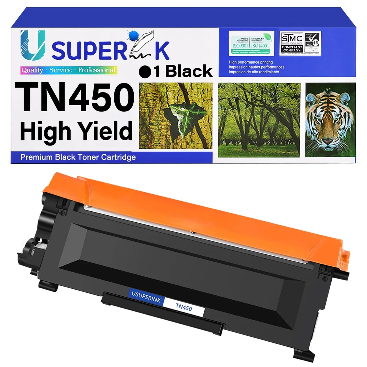 Rectangular black toner cartridge with green chip and plastic housing