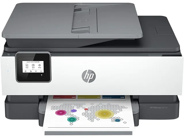 White rectangular all-in-one inkjet printer with flat scanner lid and front paper tray