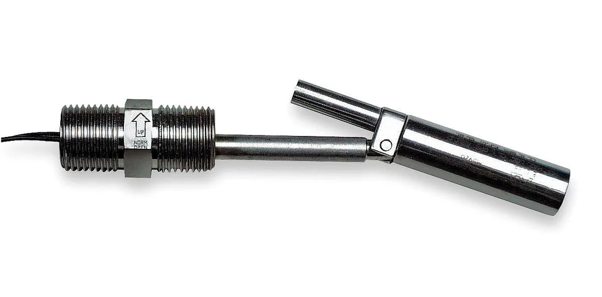 Stainless steel liquid level switch with 1/2" x 1/4" NPT connections, 5-inch stem and float