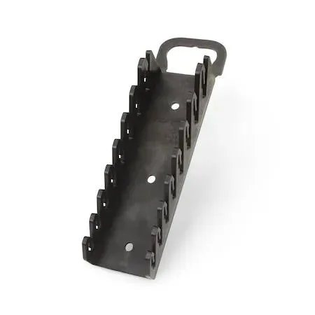 Black polymer wrench holder with folding handle and eight gripper slots