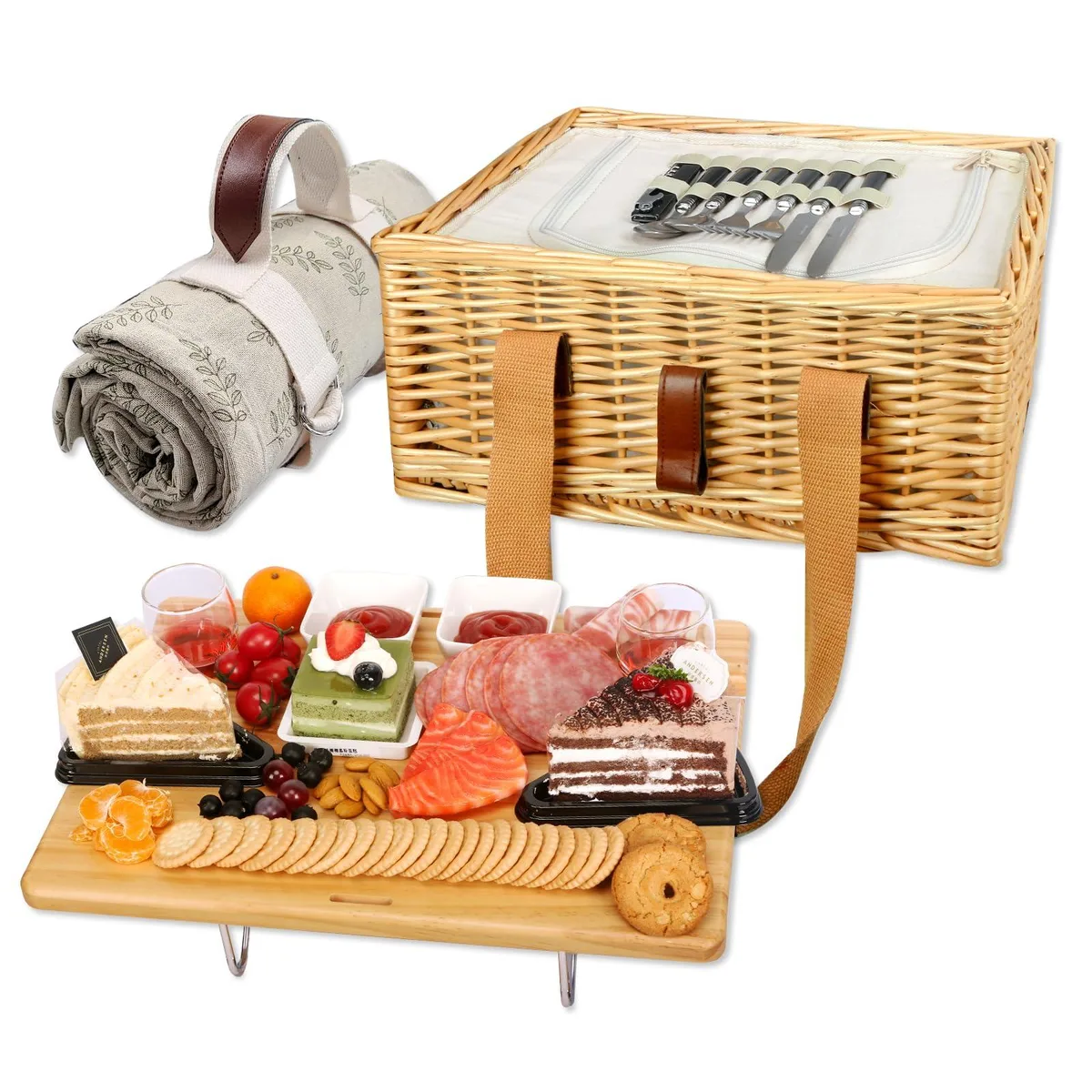 Black wicker picnic basket with folding wooden table and insulated cooler bag