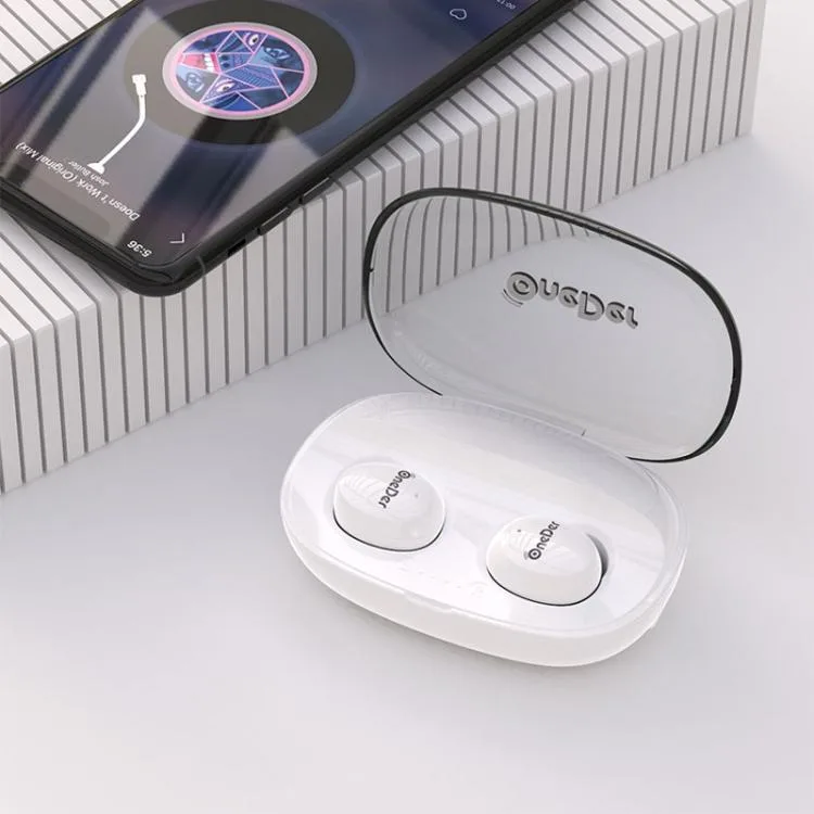White wireless earphone with micro USB charging port