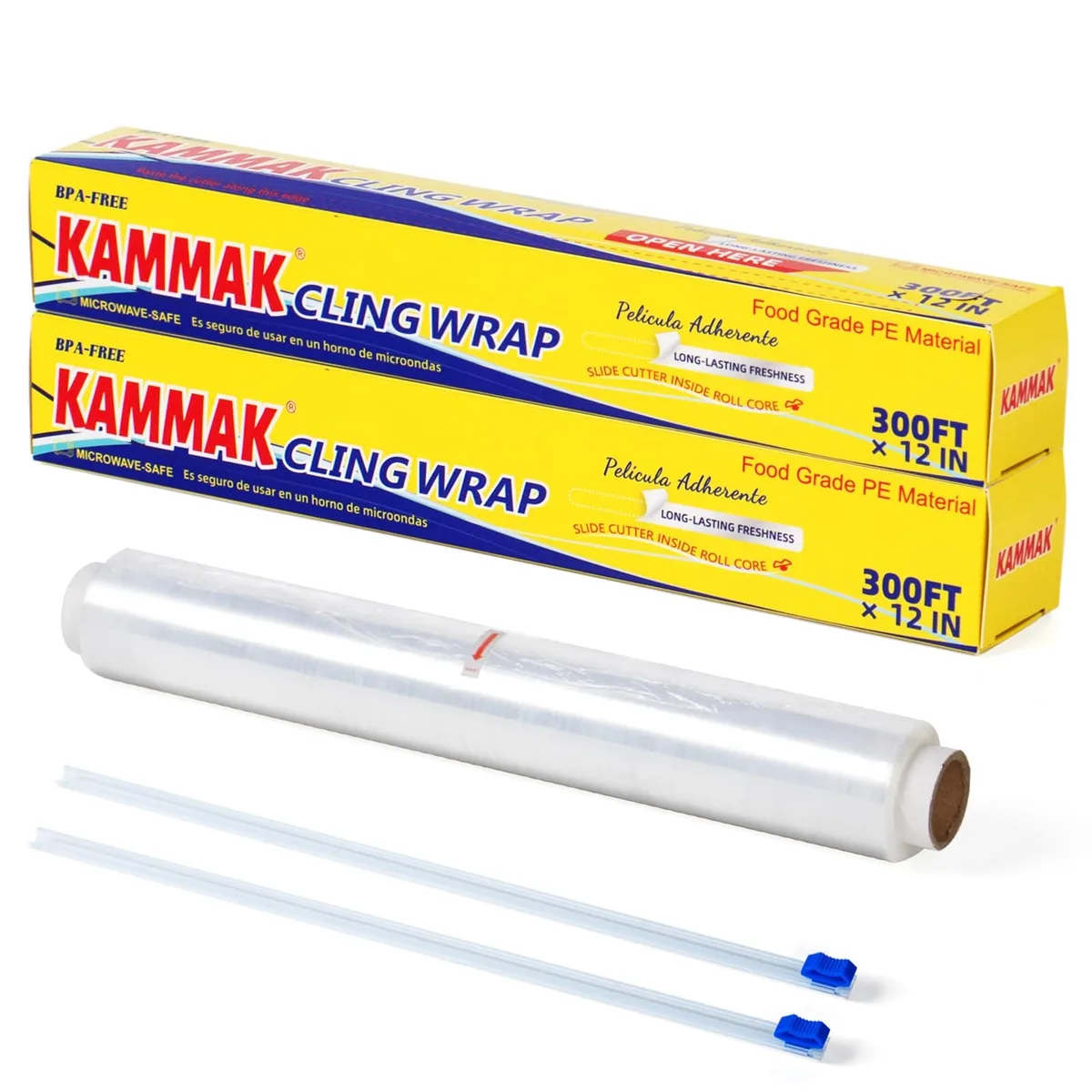 Two 12 inch 300 ft plastic wrap rolls with slide cutter dispensers