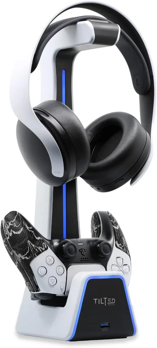 White vertical headphone stand with controller dock, four USB ports and RGB lighting