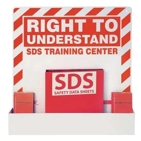 Transparent aluminium SDS station with red and white sign and plastic binder holder