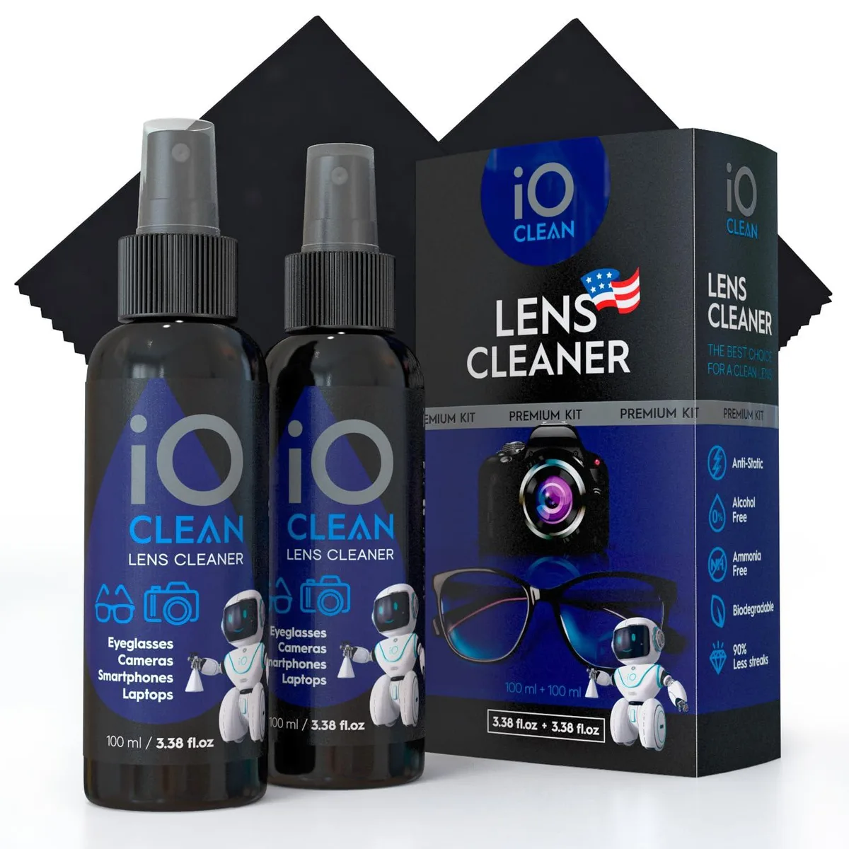 Two 3.38 oz spray bottles and two microfiber cloths in a kit
