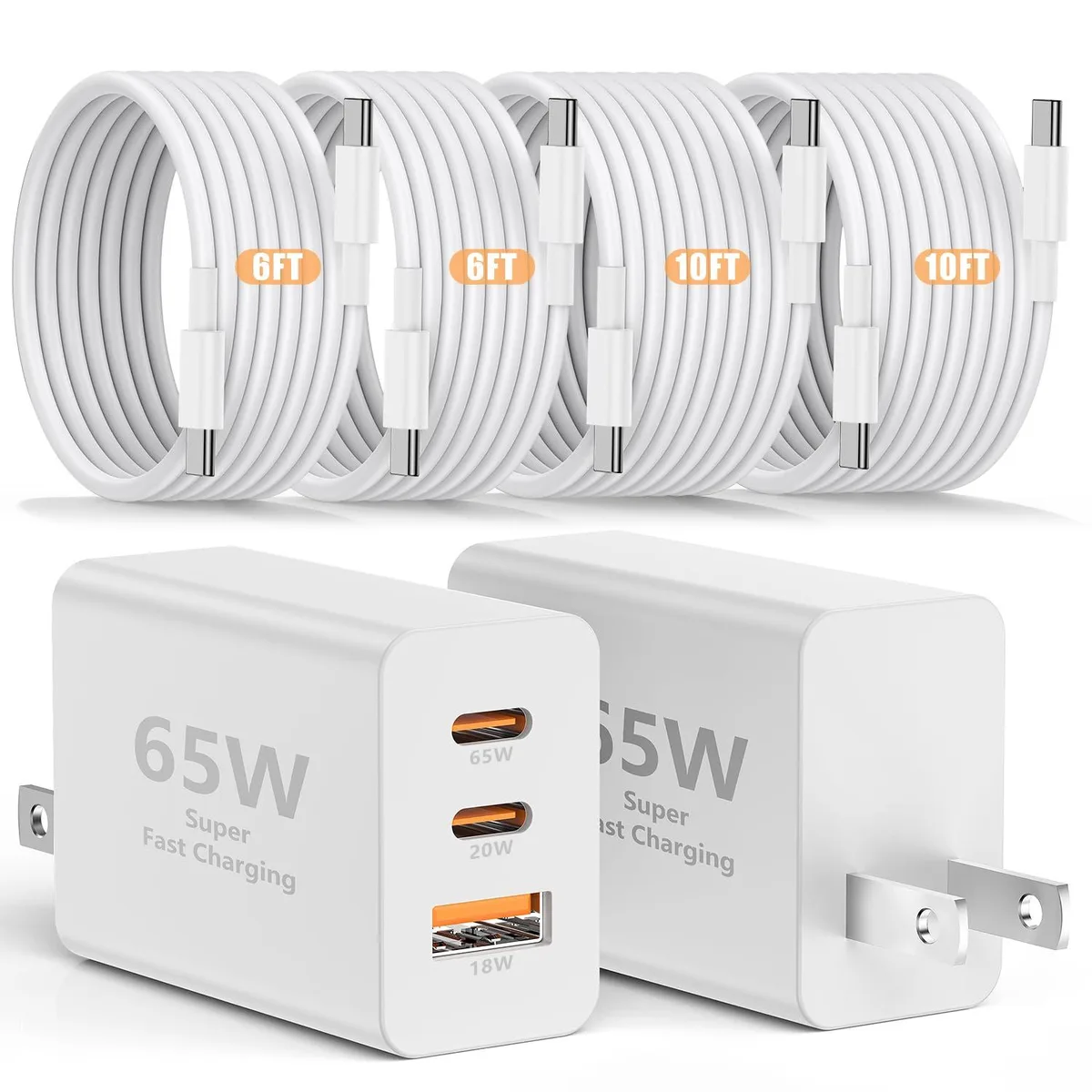 White rectangular GaN charger with three ports and four braided USB-C cables of varying lengths