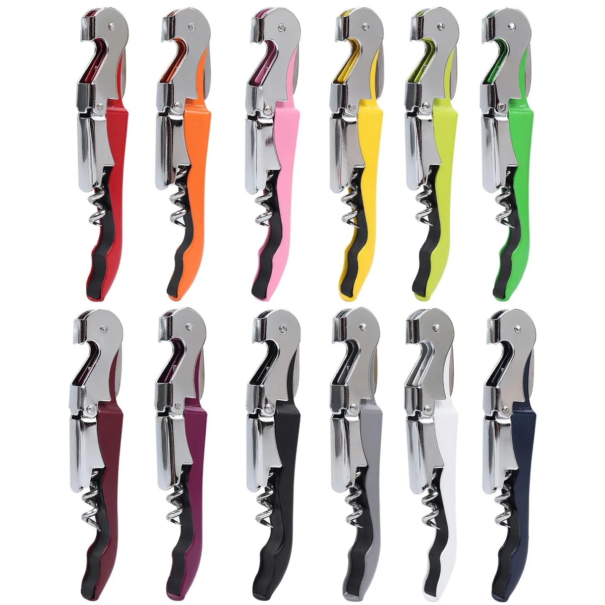 Twelve stainless steel waiter corkscrews in assorted colours, each with foil cutter and bottle opener