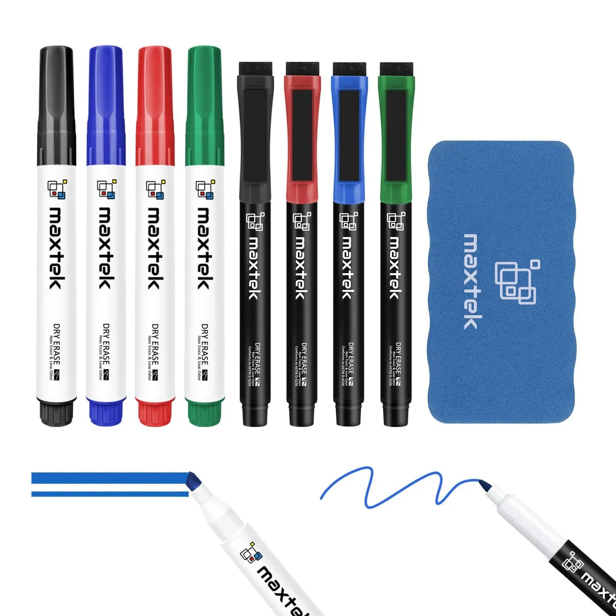 Eight multicolour dry-erase markers with chisel and ultra-fine tips plus a magnetic eraser