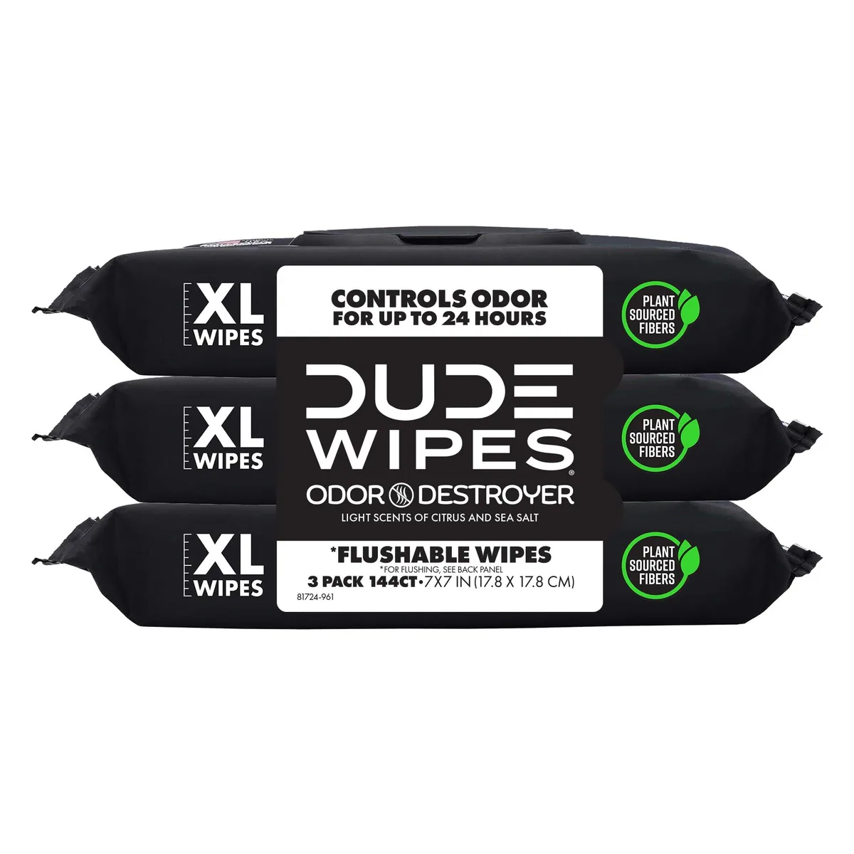 Three black packs of 48 flushable wet wipes, 144 total, plant-sourced fibers, Odor Destroyer scent