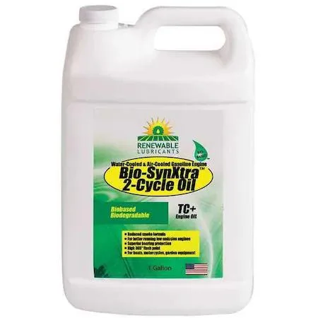 Blue biodegradable 2-cycle engine oil in a 1-gallon jug