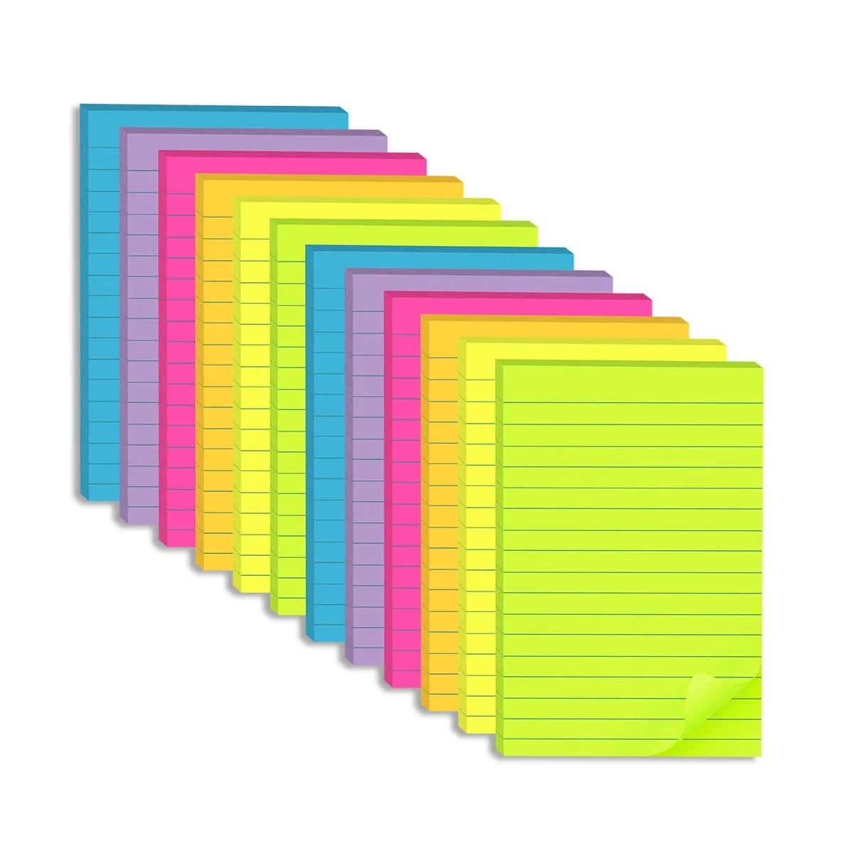Twelve rectangular lined sticky-note pads, 4 by 6 inches, in six bright colours, two pads per colour