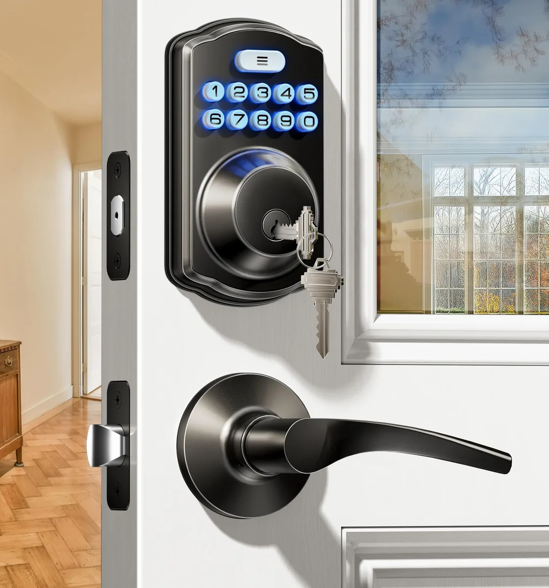 Matte black electronic door lock with two lever handles and backlit keypad