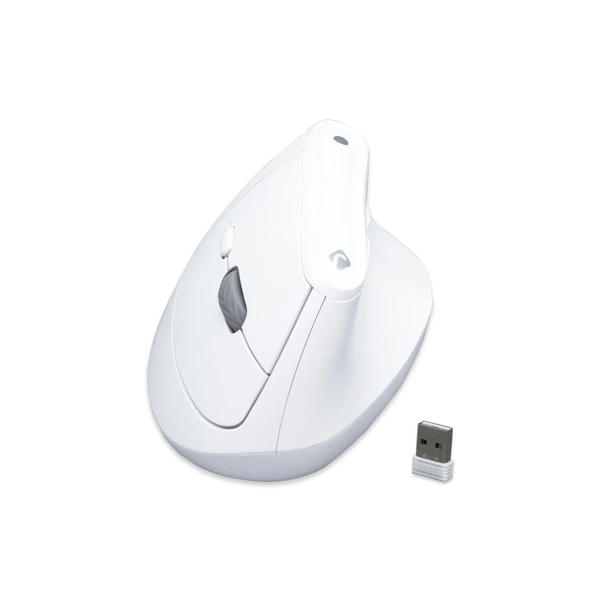 White vertical ergonomic wireless mouse with right-hand shape and DPI button