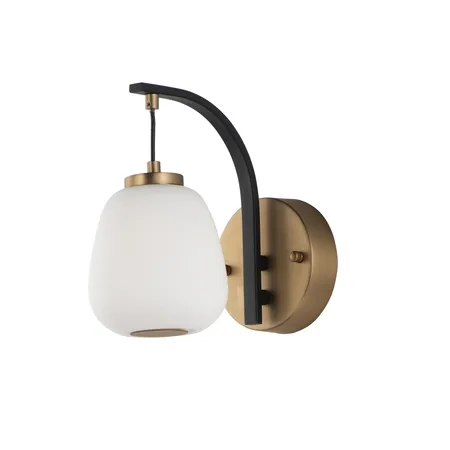 Small black and gold wall sconce with white glass shade