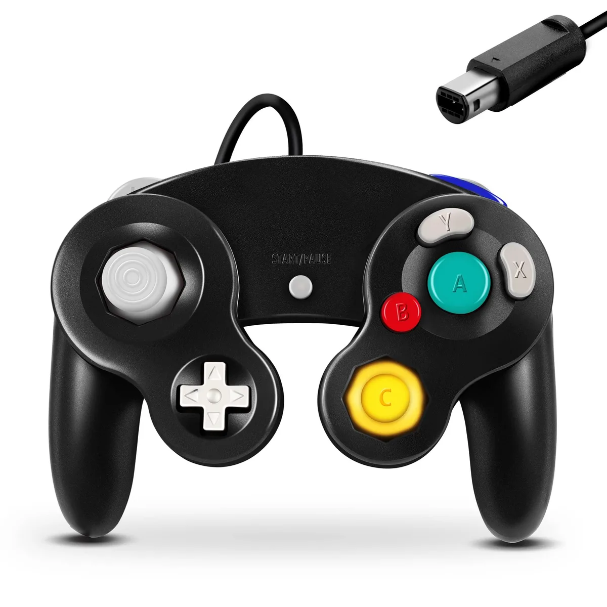 Black wired GameCube-style gamepad with textured grips and analog stick