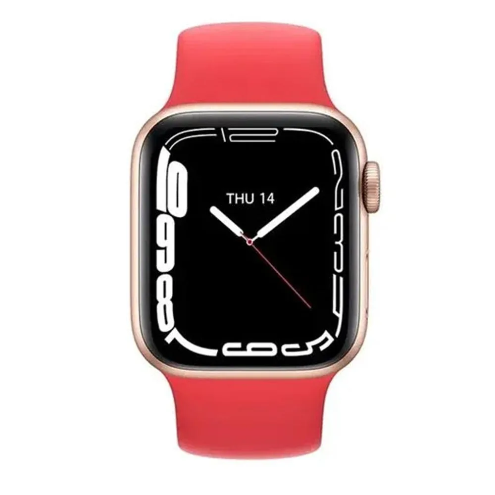 Red rectangular smartwatch with silicone sport strap and touchscreen display