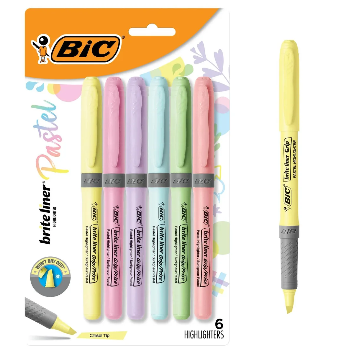 Six pastel highlighters with ribbed rubber grips and chisel tips
