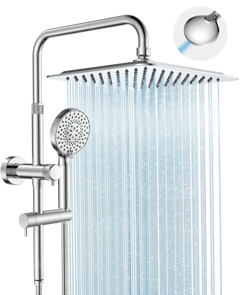 Black 10 inch rainfall shower head with handheld combo, adjustable arm, 59 inch hose, 360 rotation