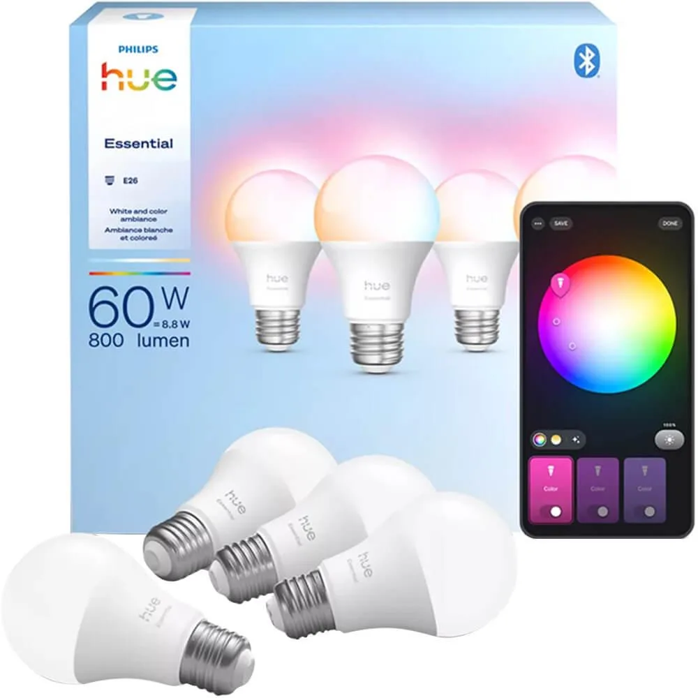 HUE Hue 592592 White and Color Ambiance Essential A19 60W Smart Bulbs (4-Pack) analog camera — product photo