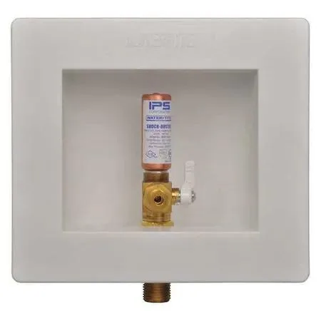 Transparent plastic ice-maker outlet box with brass valve and hammer arrester