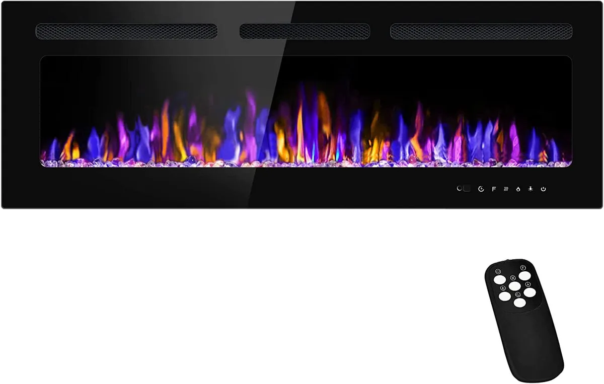 Slim 50-inch electric fireplace with flat tempered glass front, recessed wall mount, log and crystal media options