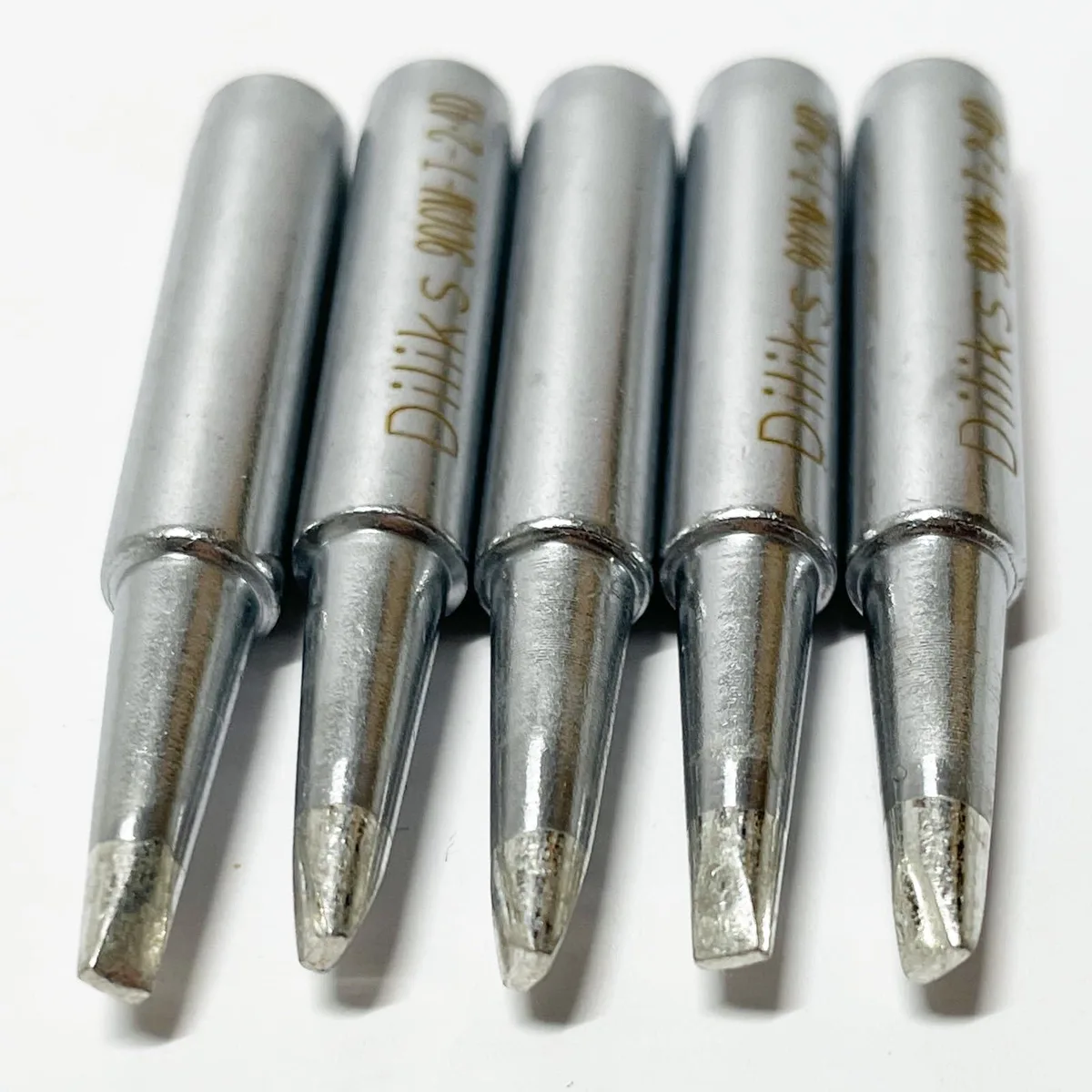 Five chisel soldering tips in silver metal finish