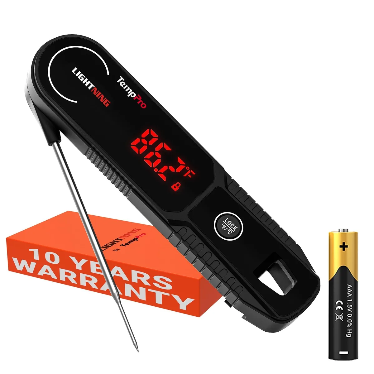 Black digital meat thermometer with 4.1-inch stainless-steel probe and backlit rotating display