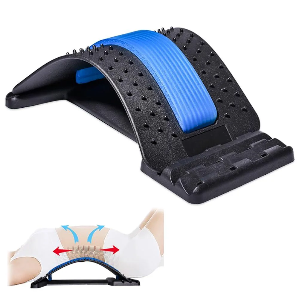 Black and blue curved lumbar stretcher with 88 plastic nodules and three height settings