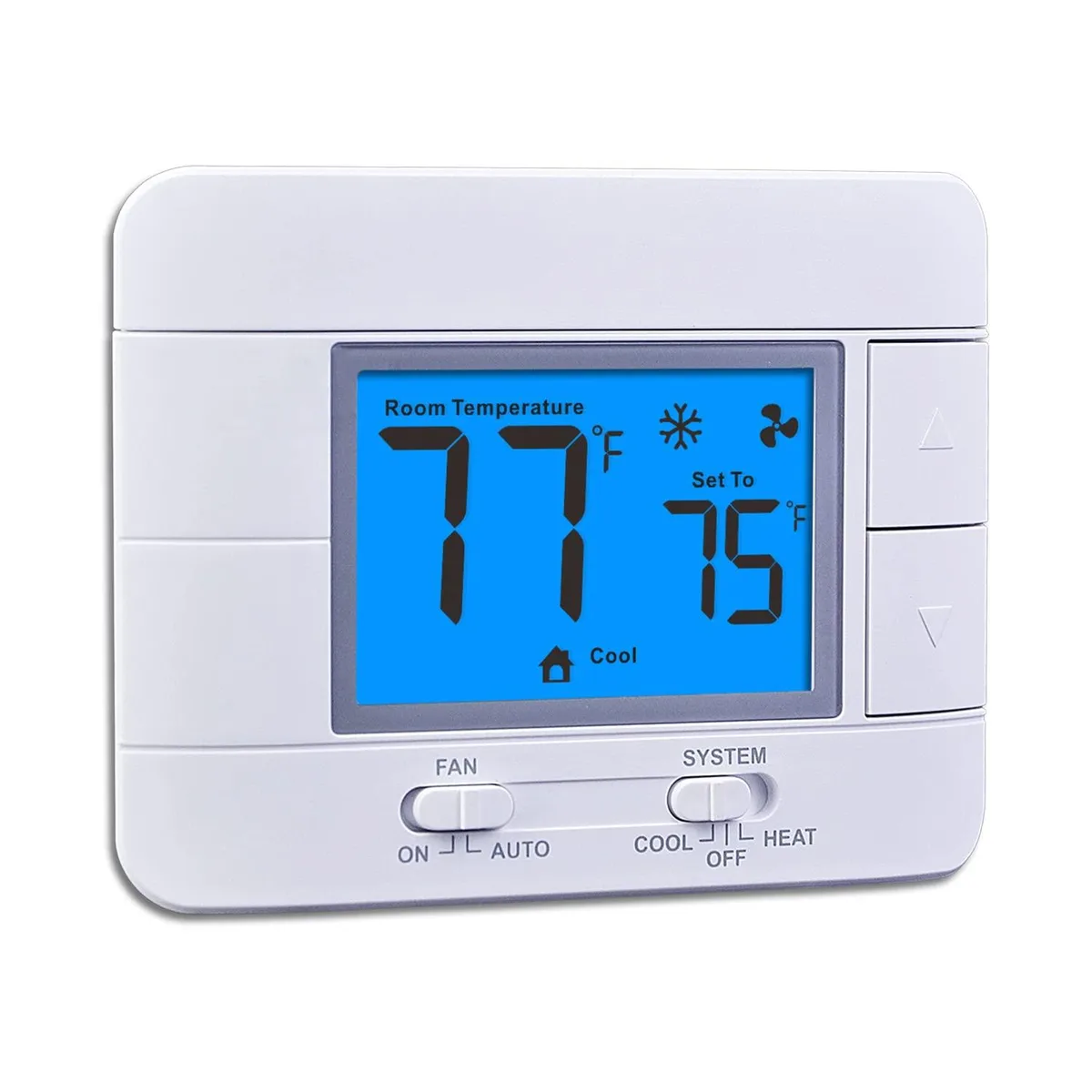 White rectangular wall thermostat with large blue backlit LCD showing temperature and humidity