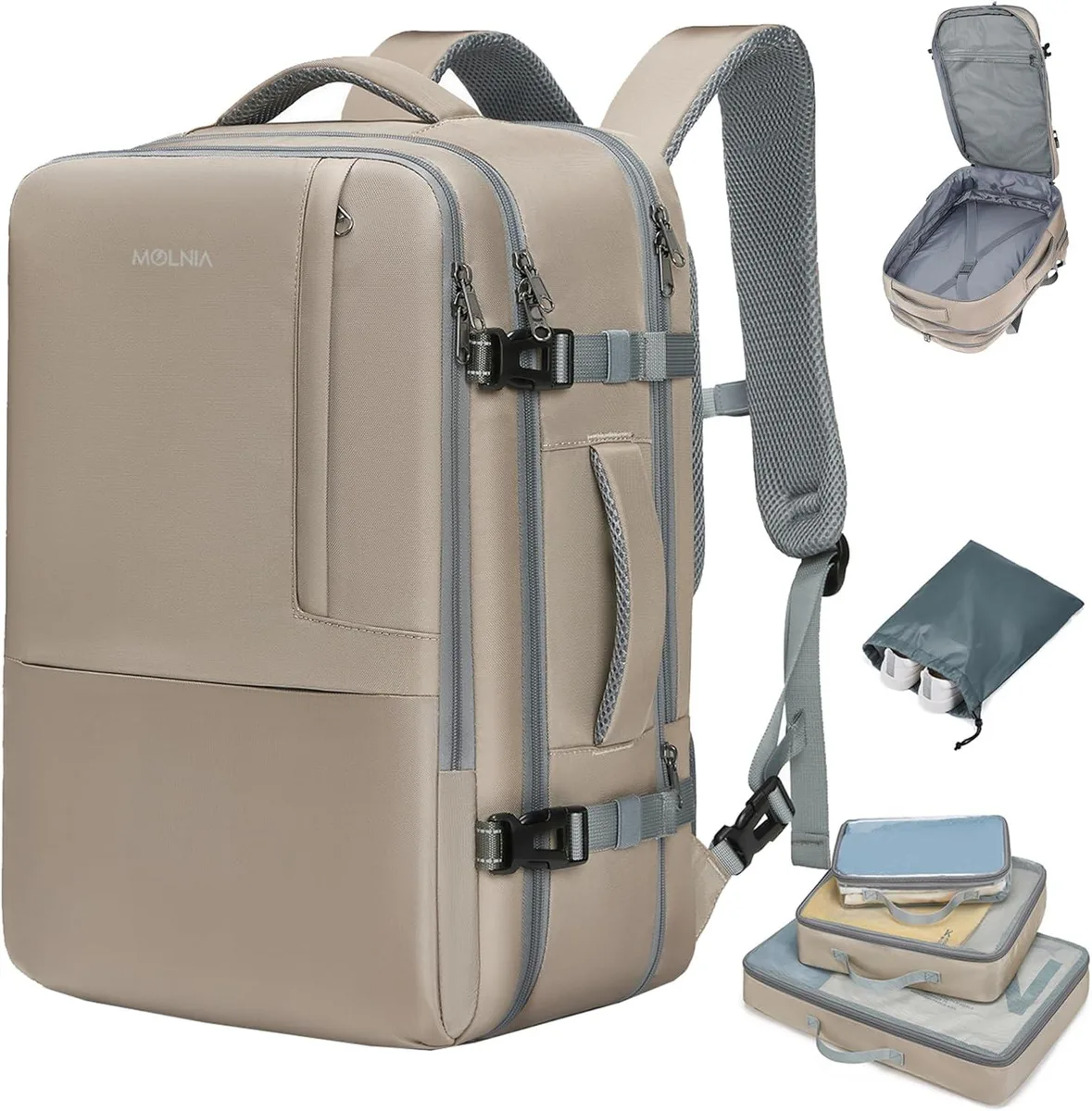 Beige expandable travel backpack with zippered expansion panel, padded shoulder straps and luggage strap, rectangular soft-sided form