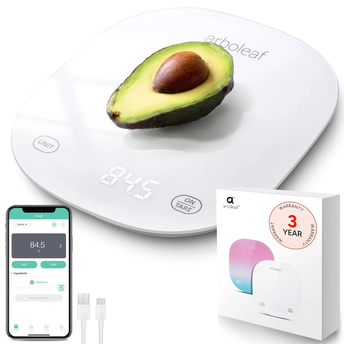 White rectangular glass kitchen scale with digital display