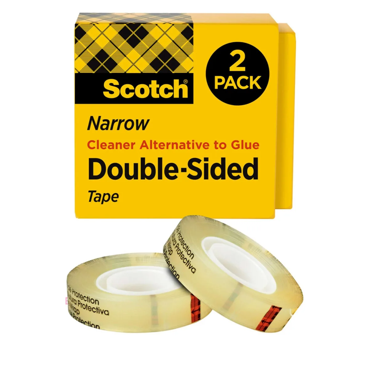 Two clear double-sided tape rolls on plastic dispensers, 0.5 inch wide