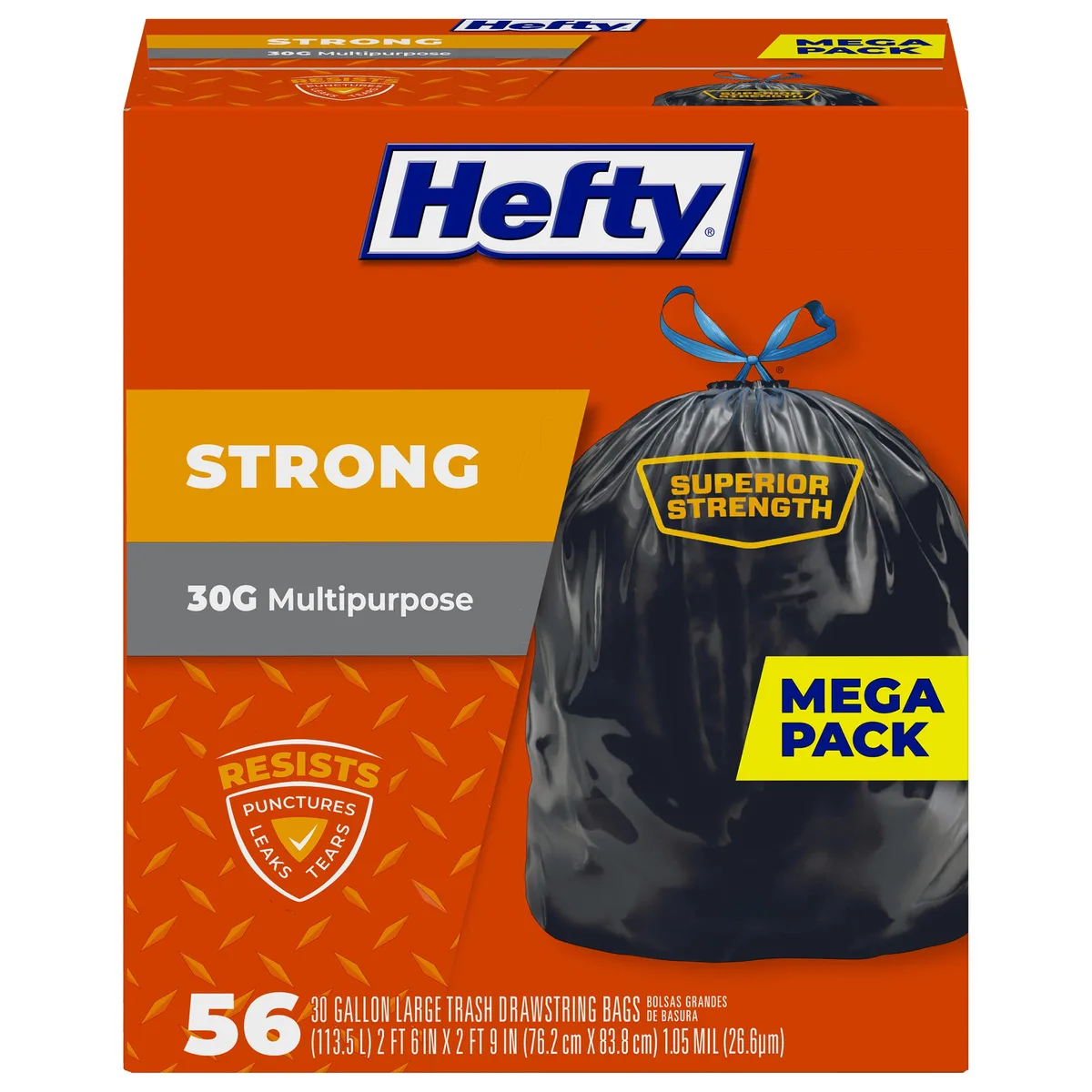 A black plastic box containing fifty-six 30-gallon drawstring trash bags