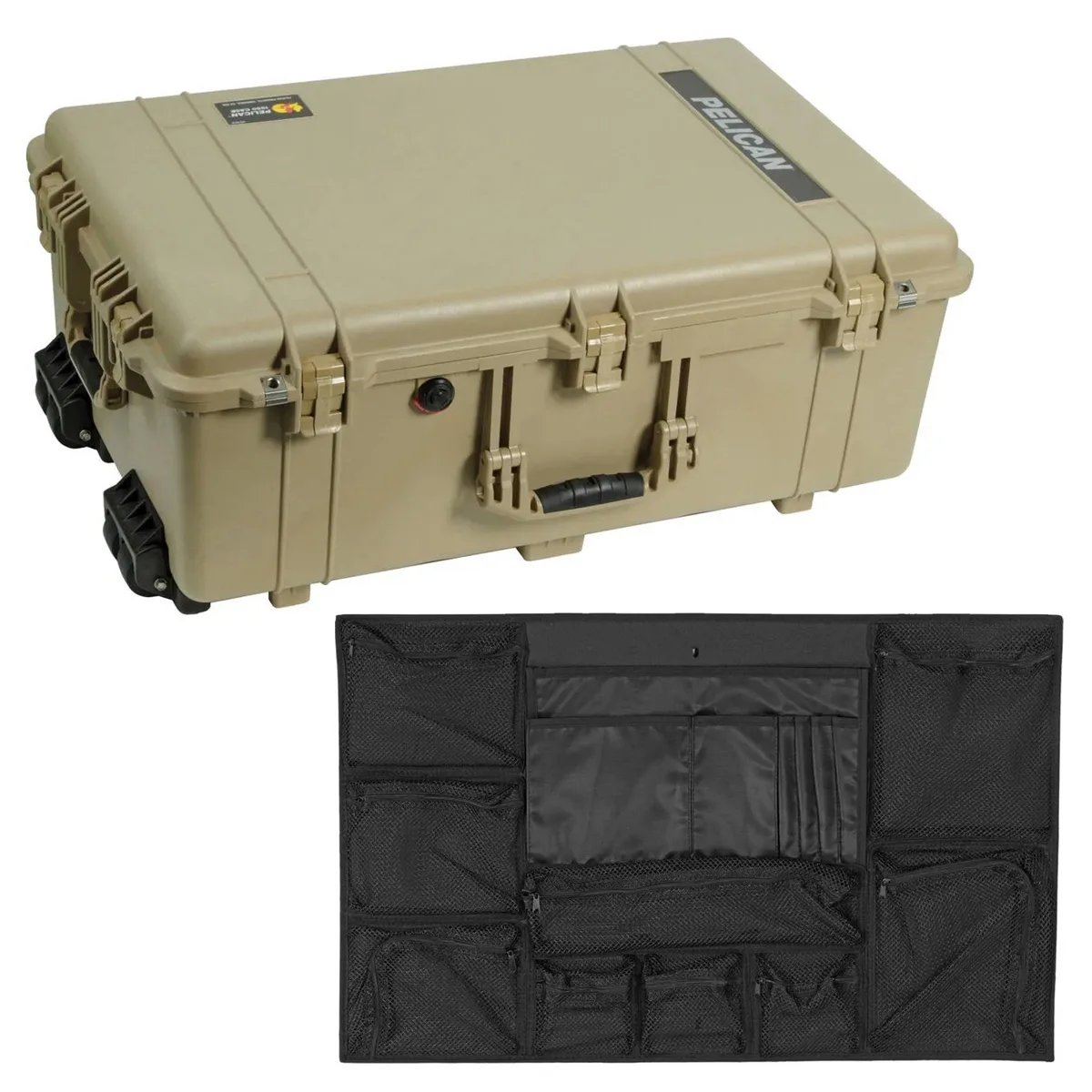 Pelican Products, Inc. Pelican 1650 Watertight Wheeled Hard Case Desert Tan Bundle 1659 Lid Organizer — product photo