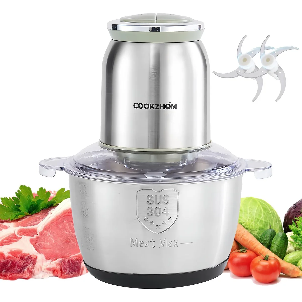  COOKZHOM Silver Food Processor 500W 8 Cup Stainless Steel Bowl — product photo