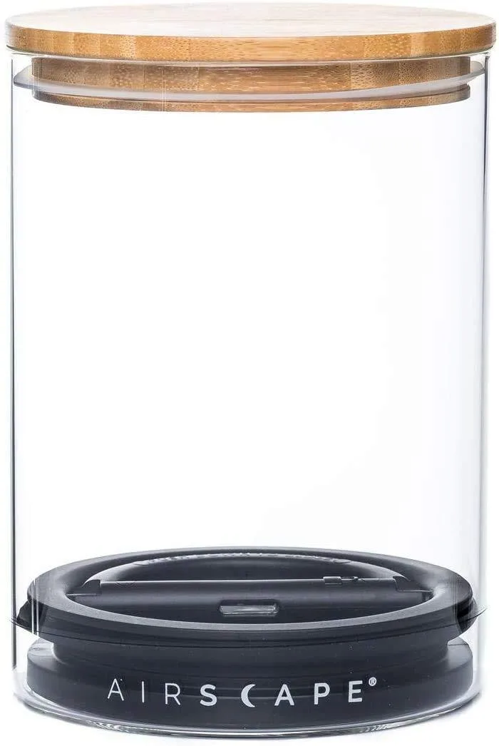 Glazed black ceramic canister with bamboo top lid and patented inner plunger lid