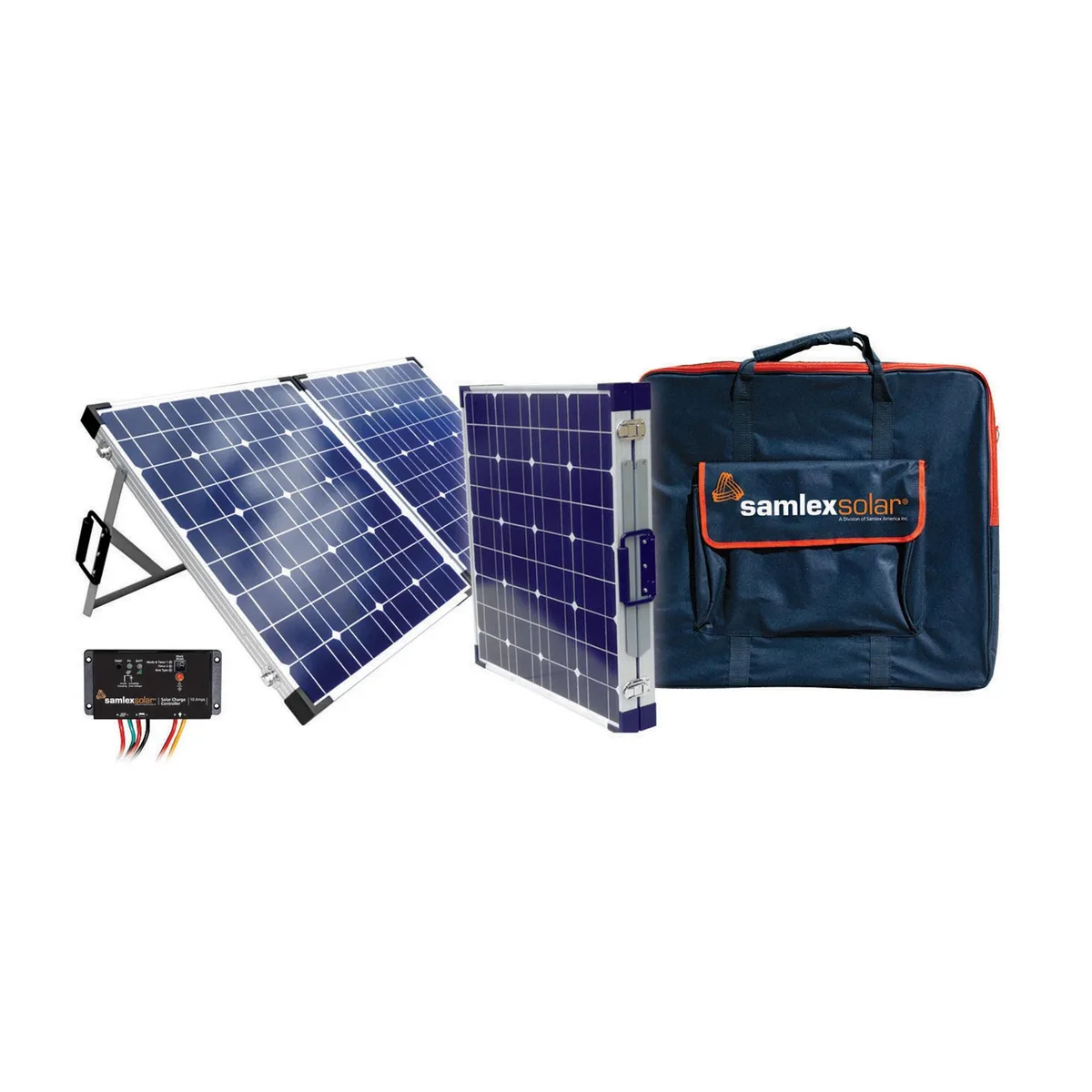 Folded 90 W solar panel kit in insulated case with adjustable legs and 16 ft cable