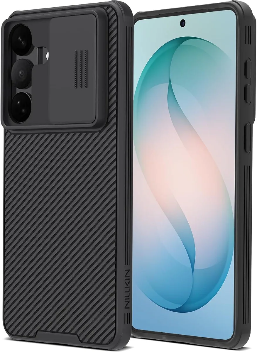 Black protective phone case with sliding camera cover and textured edges